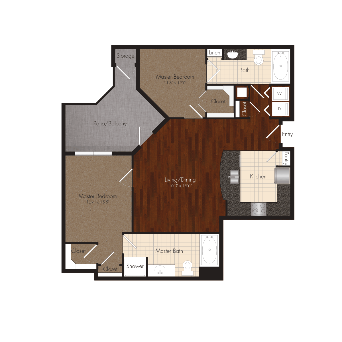Floor plan for 2 beds, 2 baths, 1198 sqft