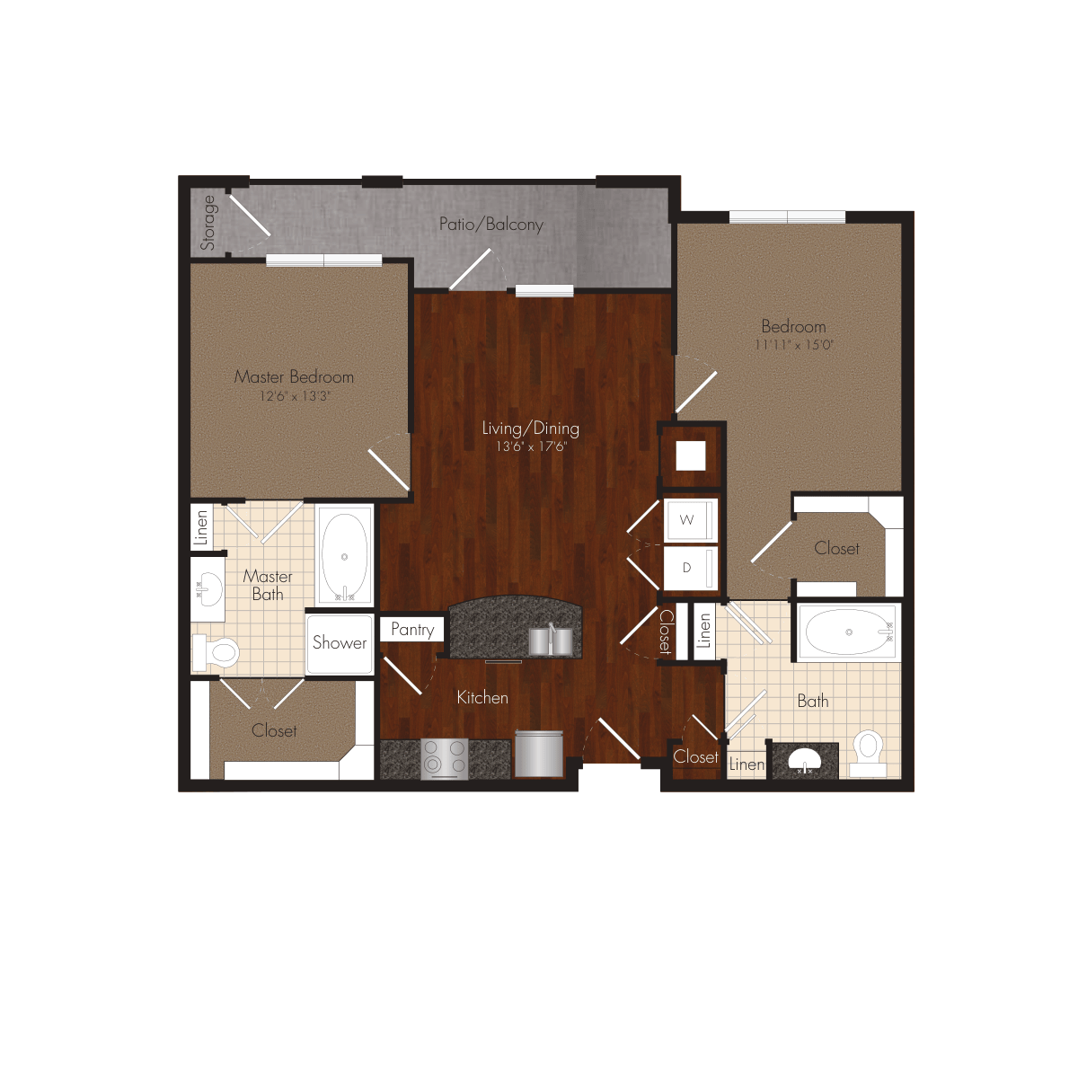 Floor plan for 2 beds, 2 baths, 1124 sqft