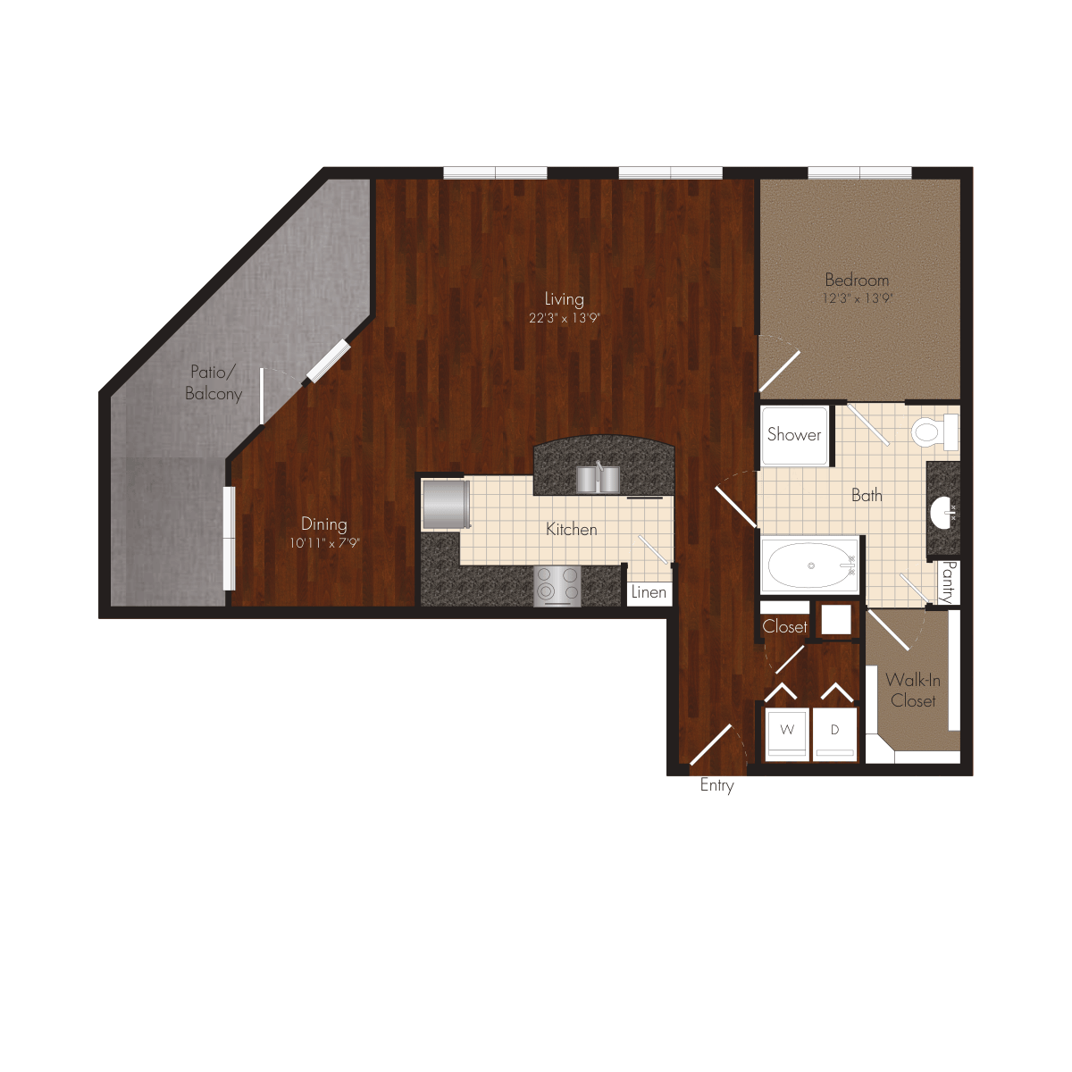 Floor plan for 1 bed, 1 bath, 1165 sqft
