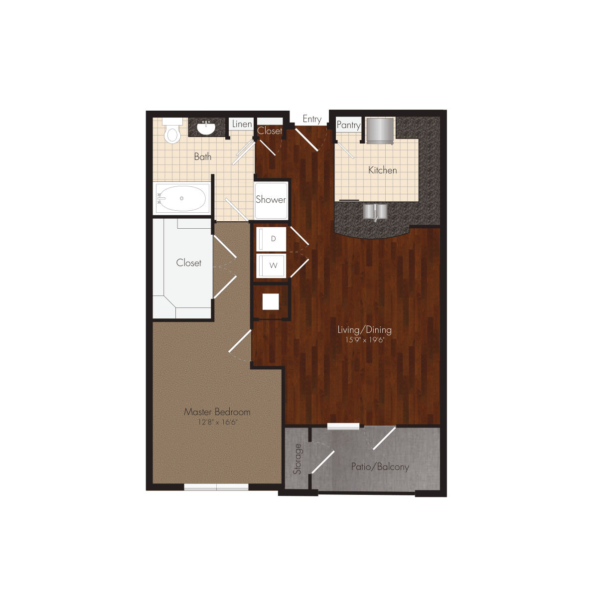 Floor plan for 1 bed, 1 bath, 958 sqft