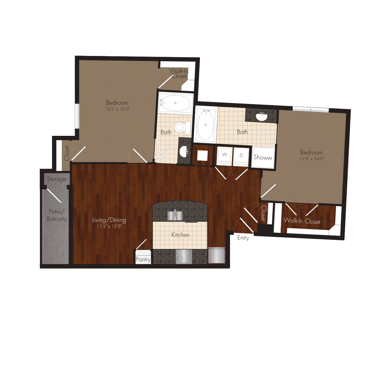 Floor plan for 2 beds, 2 baths, 1205 sqft