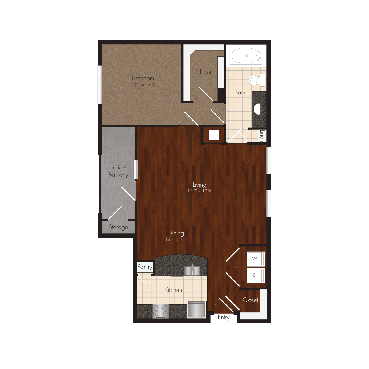 Floor plan for 1 bed, 1 bath, 972 sqft