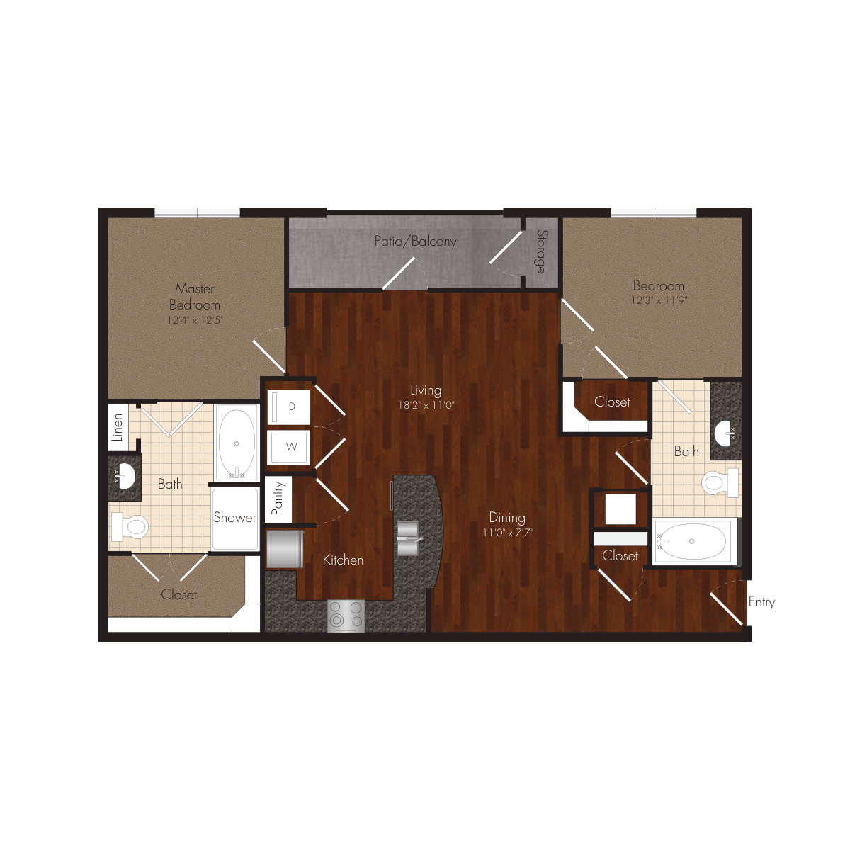 Floor plan for 2 beds, 2 baths, 1119 sqft