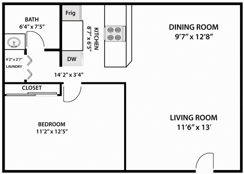 Floor plan for 1 bed, 1 bath, 552 sqft