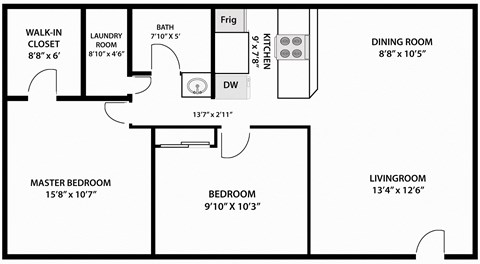 Floor plan for 2 beds, 1 bath, 630 sqft