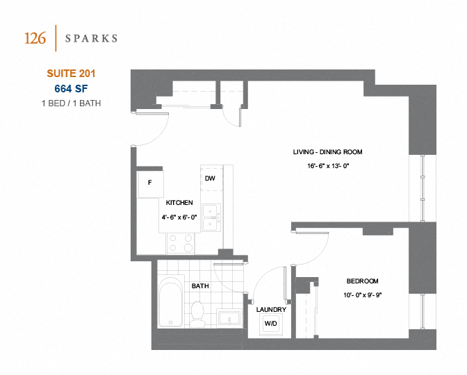 Floor plan for 1 bed, 1 bath, 944 sqft