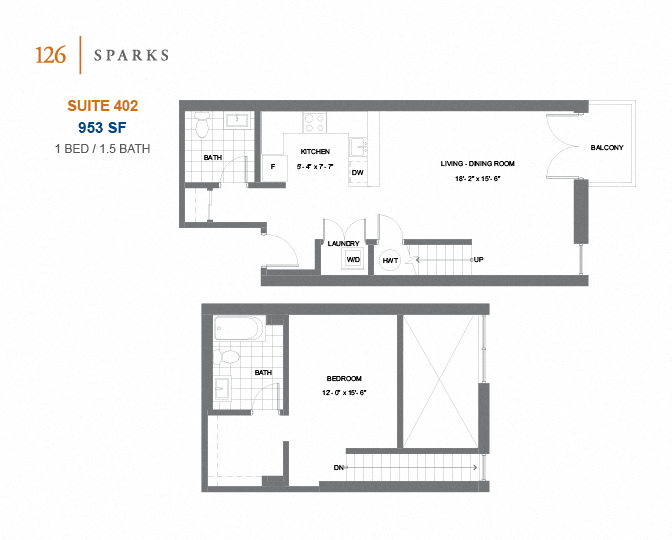 Floor plan for 1 bed, 1.5 baths, 995 sqft