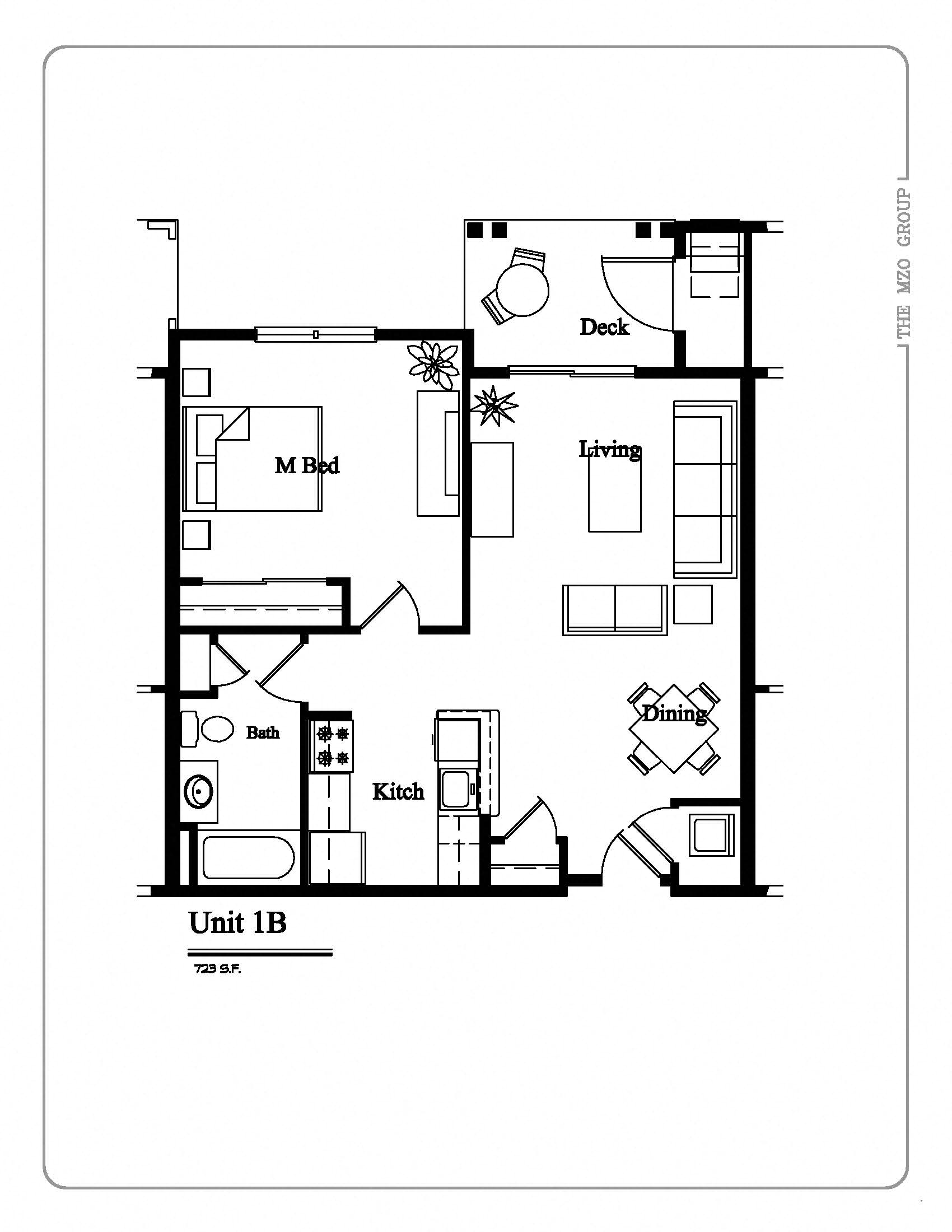 Floor plan for 1 bed, 1 bath, 727 sqft