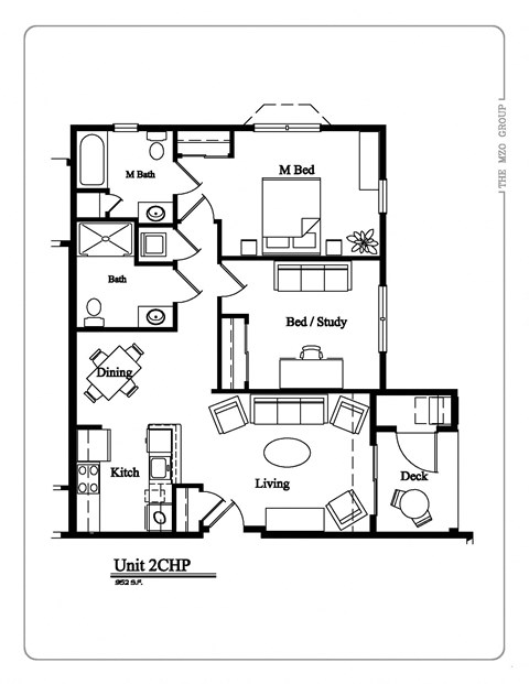 Floor plan for 2 beds, 2 baths, 952 sqft