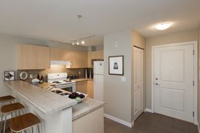 Langley apartment for rent - A kitchen with a white stove top oven and a white fridge.