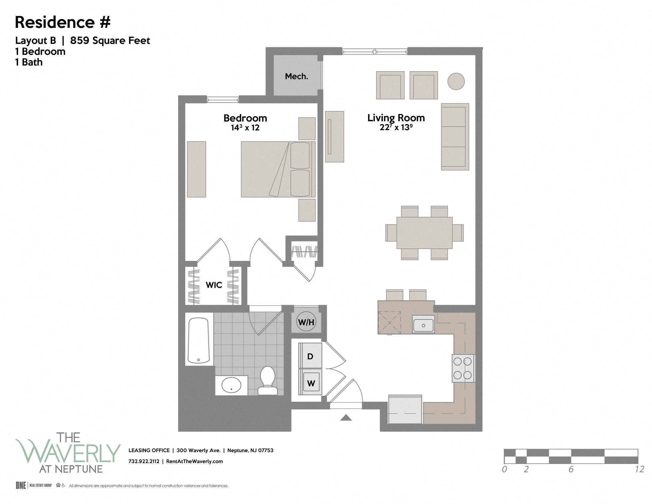 Floor plan for 1 bed, 1 bath, 859 sqft