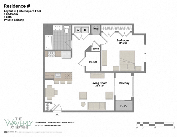 Floor plan for 1 bed, 1 bath, 853 sqft