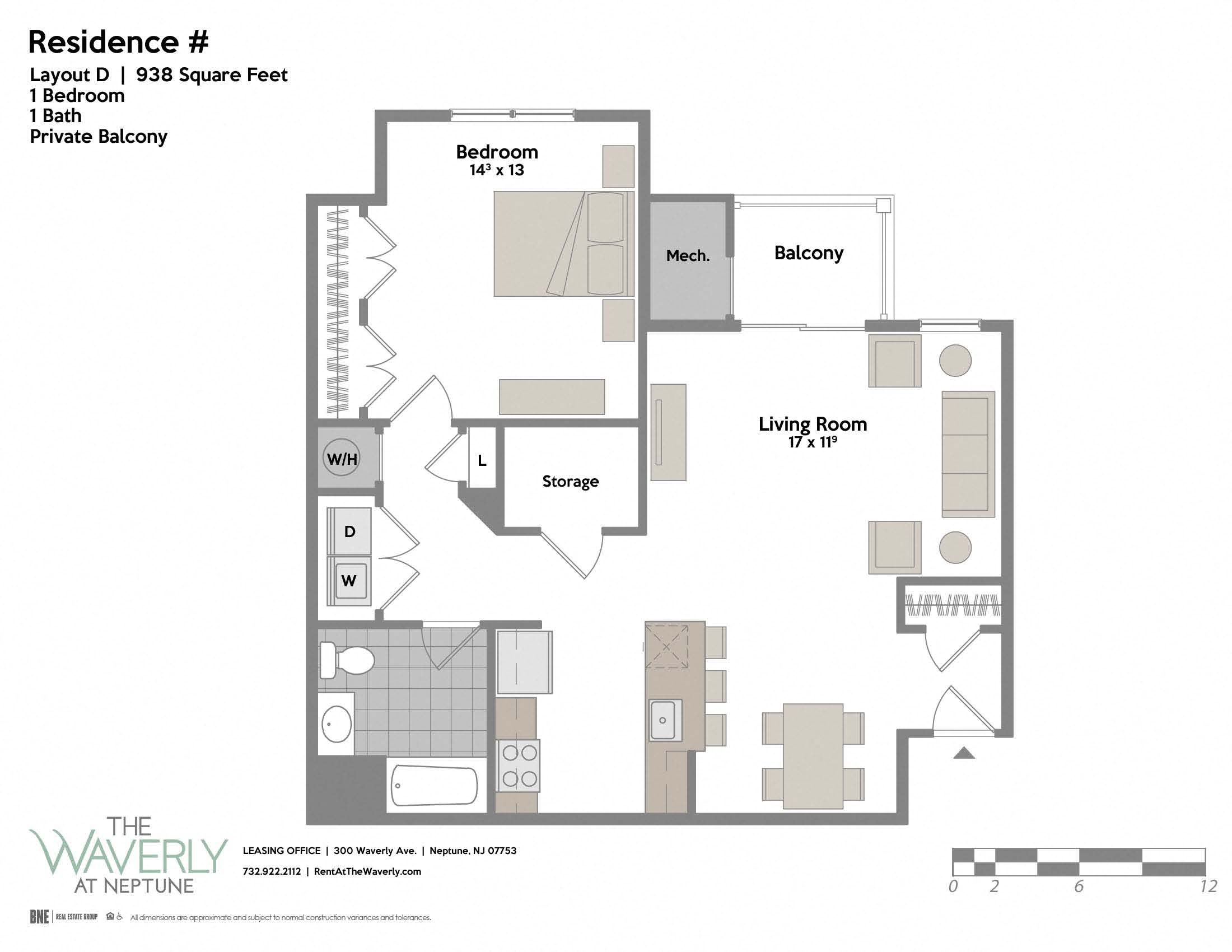 Floor plan for 1 bed, 1 bath, 938 sqft