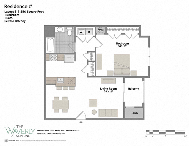 Floor plan for 1 bed, 1 bath, 850 sqft
