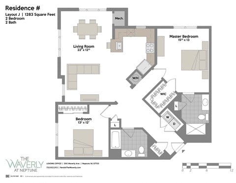 Floor plan for 2 beds, 2 baths, 1283 sqft