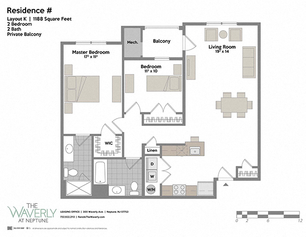 Floor plan for 2 beds, 2 baths, 1188 sqft