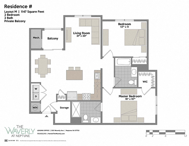 Floor plan for 2 beds, 2 baths, 1147 sqft
