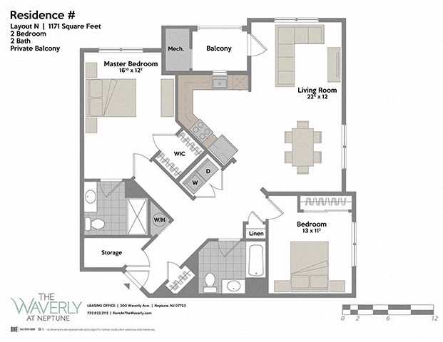 Floor plan for 2 beds, 2 baths, 1171 sqft