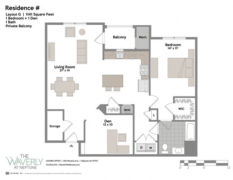 Floor plan for 1 bed, 1 bath, 1141 sqft