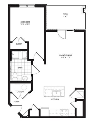 Floor plan for 1 bed, 1 bath, 705 sqft