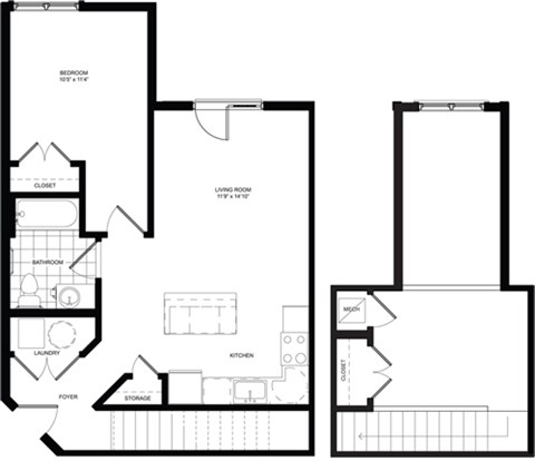 Floor plan for 1 bed, 1 bath, 705 sqft