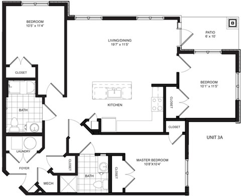 Floor plan for 3 beds, 2 baths, 1168 sqft