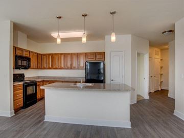 Salisbury apartment for rent - a kitchen with a large island and a black refrigerator