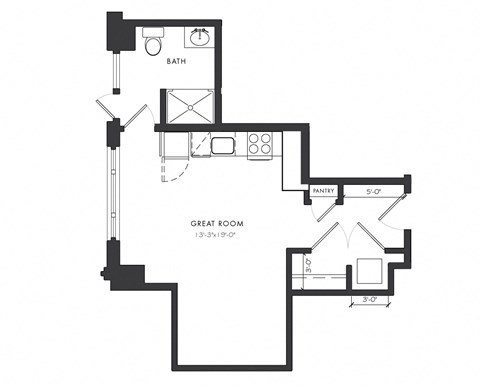 Floor plan for studio, 1 bath, 453 sqft