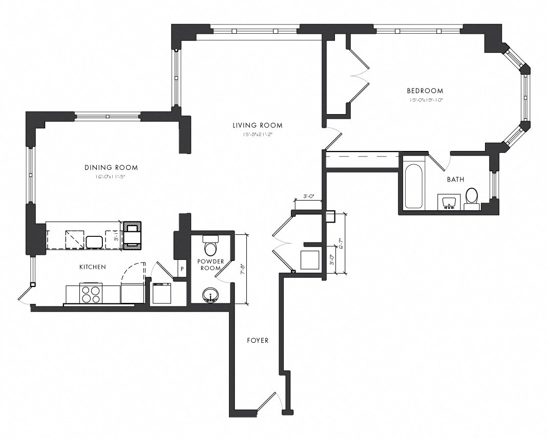 Floor plan for 1 bed, 1.5 baths, 1238 sqft