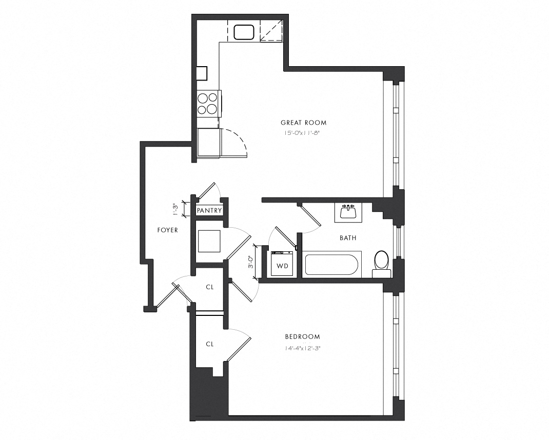 Floor plan for 1 bed, 1 bath, 601 sqft