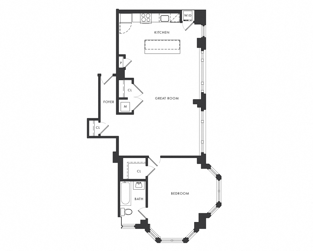 Floor plan for 1 bed, 1 bath, 701 sqft