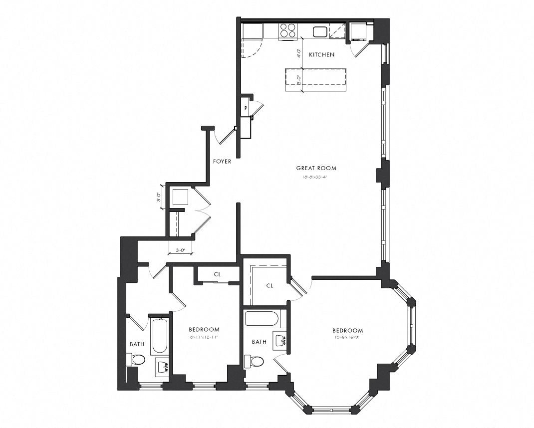 Floor plan for 2 beds, 2 baths, 1341 sqft