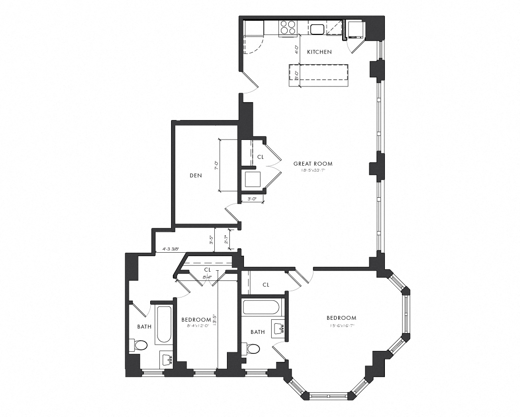 Floor plan for 2 beds, 2 baths, 1369 sqft