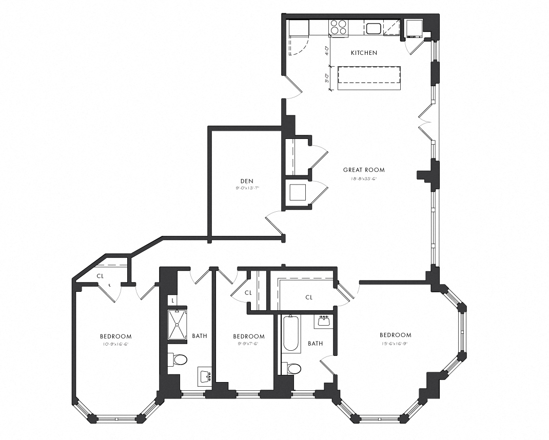 Floor plan for 3 beds, 2 baths, 1609 sqft