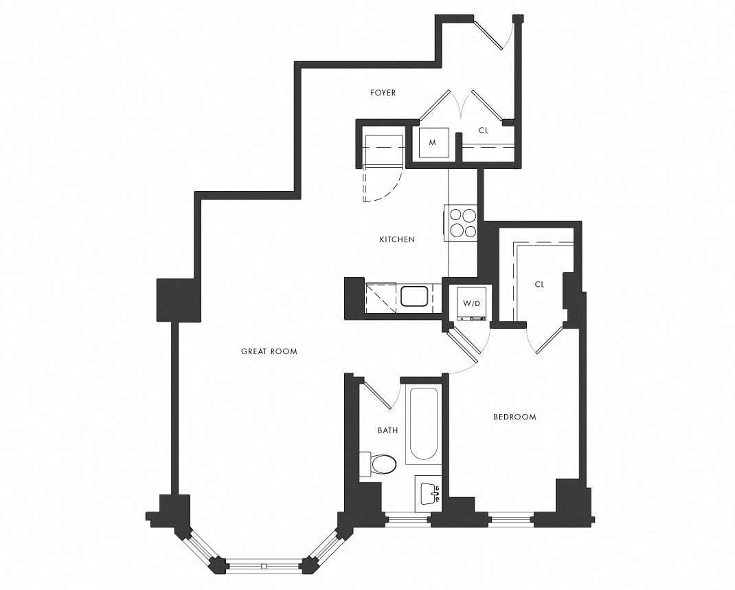 Floor plan for 1 bed, 1 bath, 727 sqft