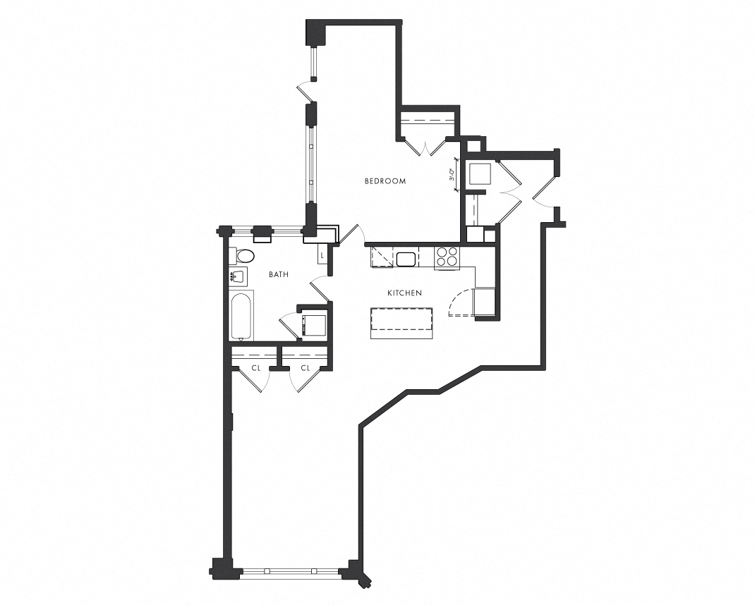 Floor plan for 1 bed, 1 bath, 1018 sqft