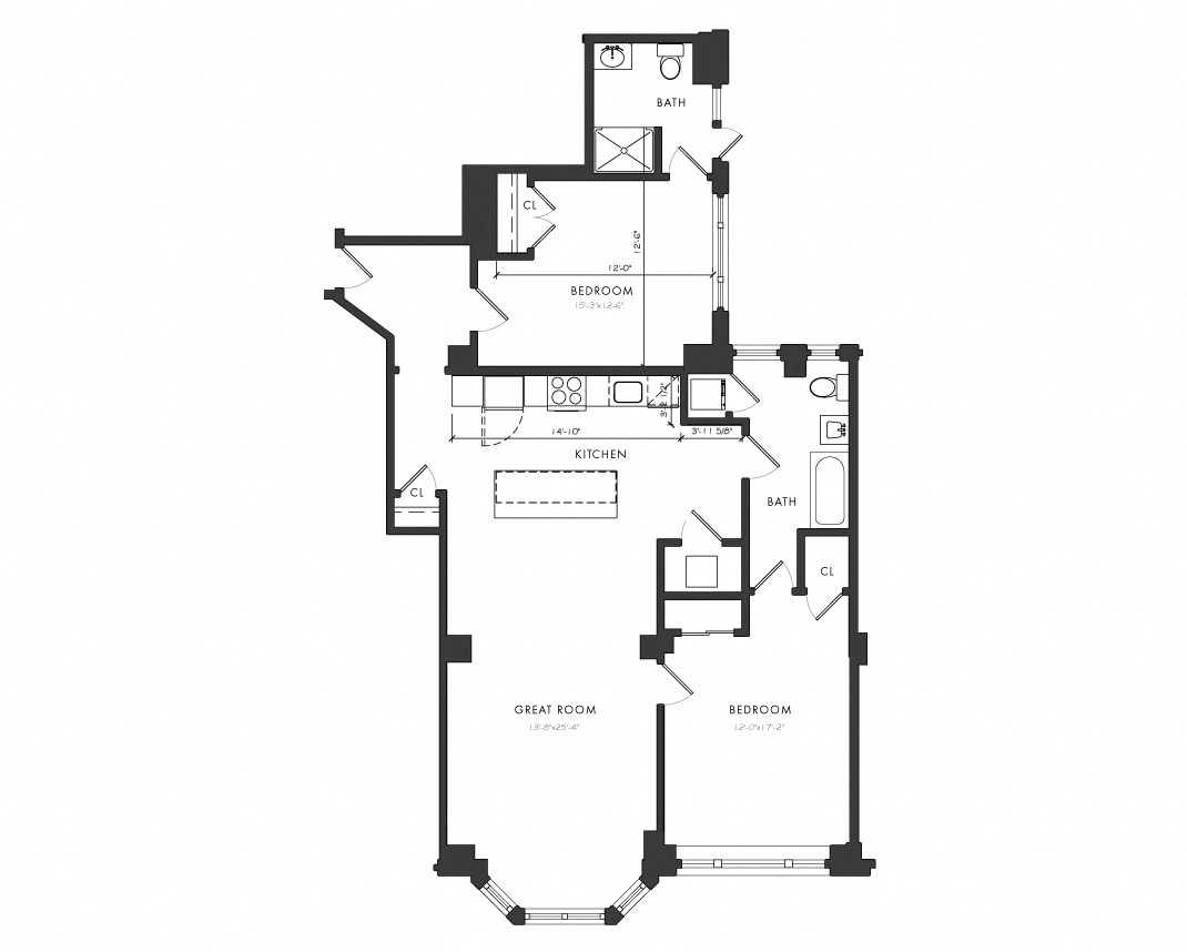 Floor plan for 2 beds, 2 baths, 1264 sqft