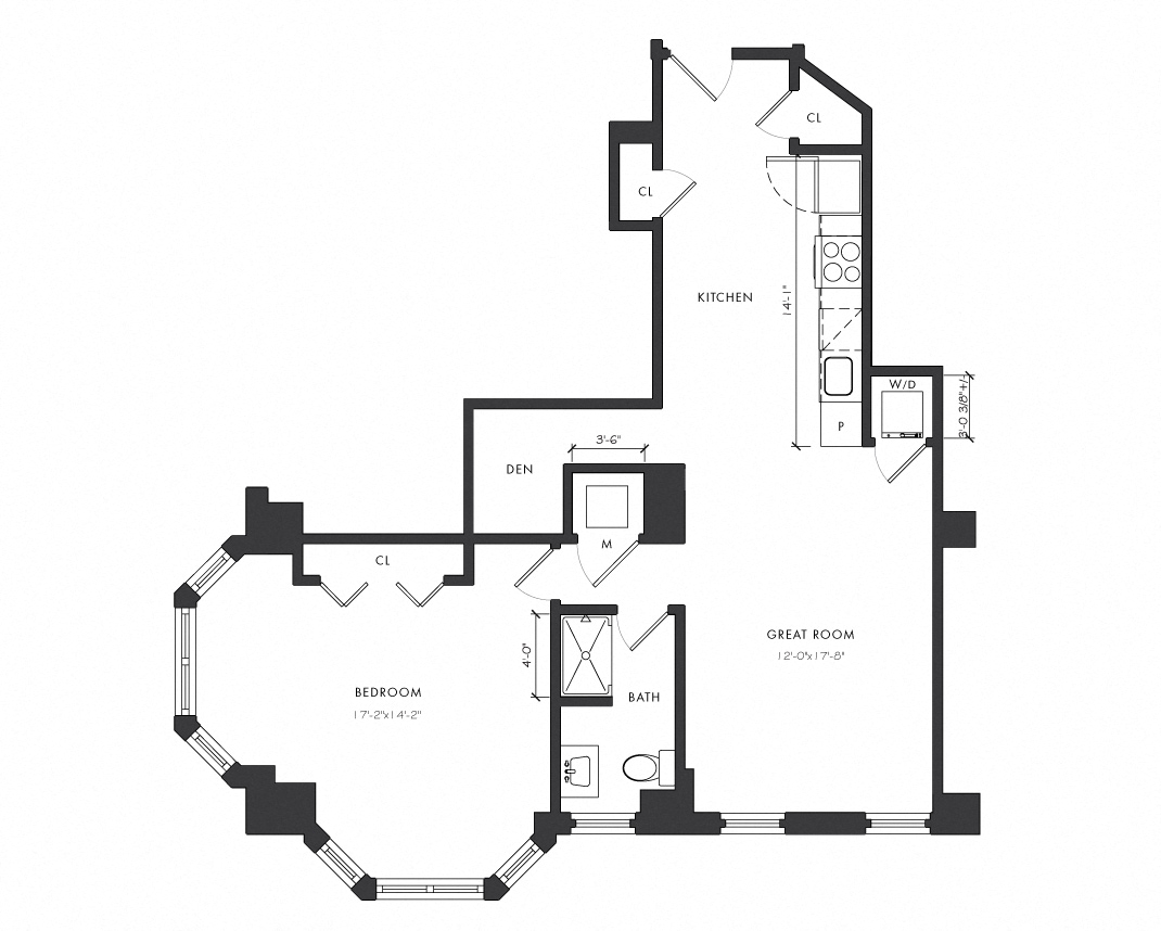 Floor plan for 1 bed, 1 bath, 814 sqft