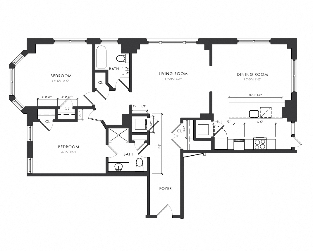 Floor plan for 2 beds, 2 baths, 1212 sqft