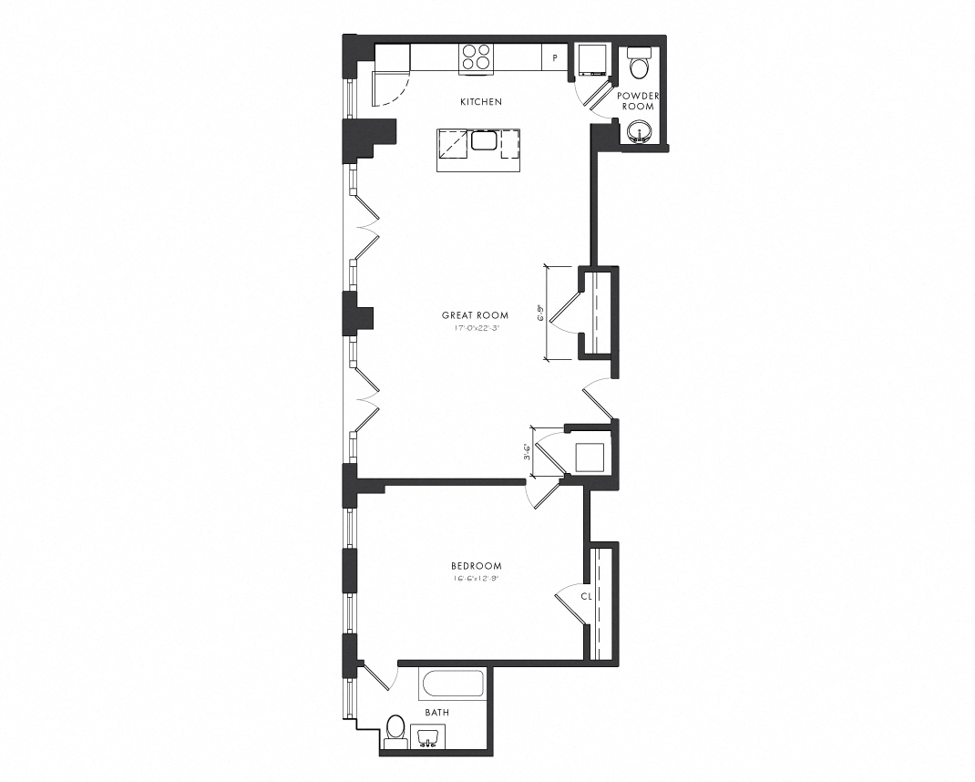 Floor plan for 1 bed, 1.5 baths, 895 sqft