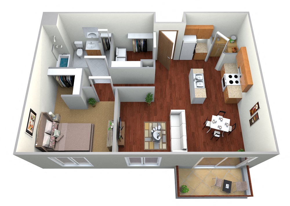 Floor plan for 1 bed, 1 bath, 895 sqft