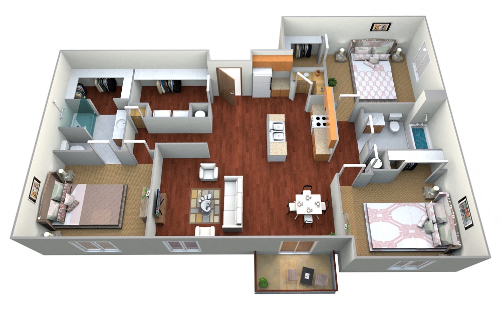 Floor plan for 3 beds, 2 baths, 1376 sqft
