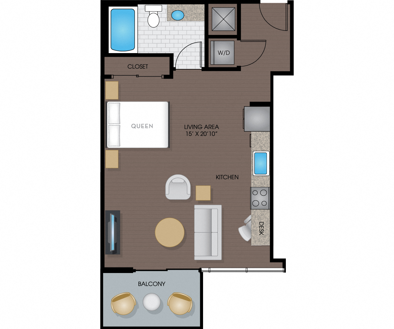 Floor plan for studio, 1 bath, 617 sqft