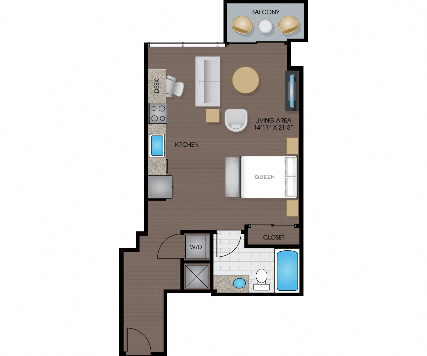 Floor plan for studio, 1 bath, 627 sqft