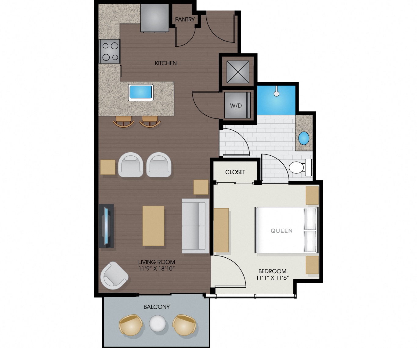 Floor plan for 1 bed, 1 bath, 681 sqft