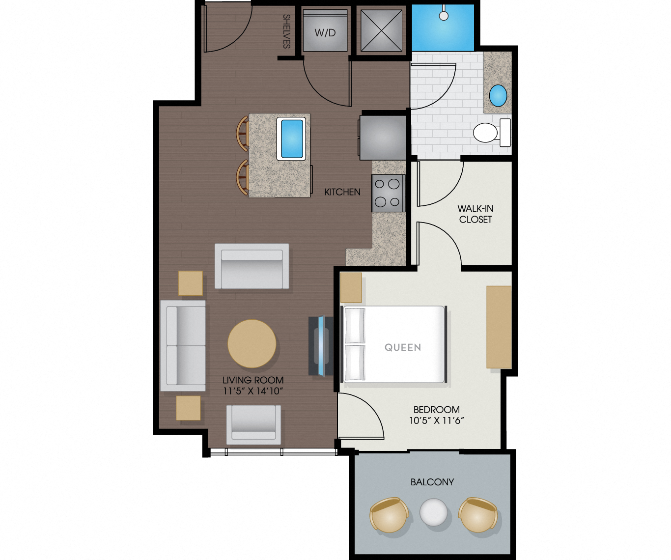 Floor plan for 1 bed, 1 bath, 692 sqft