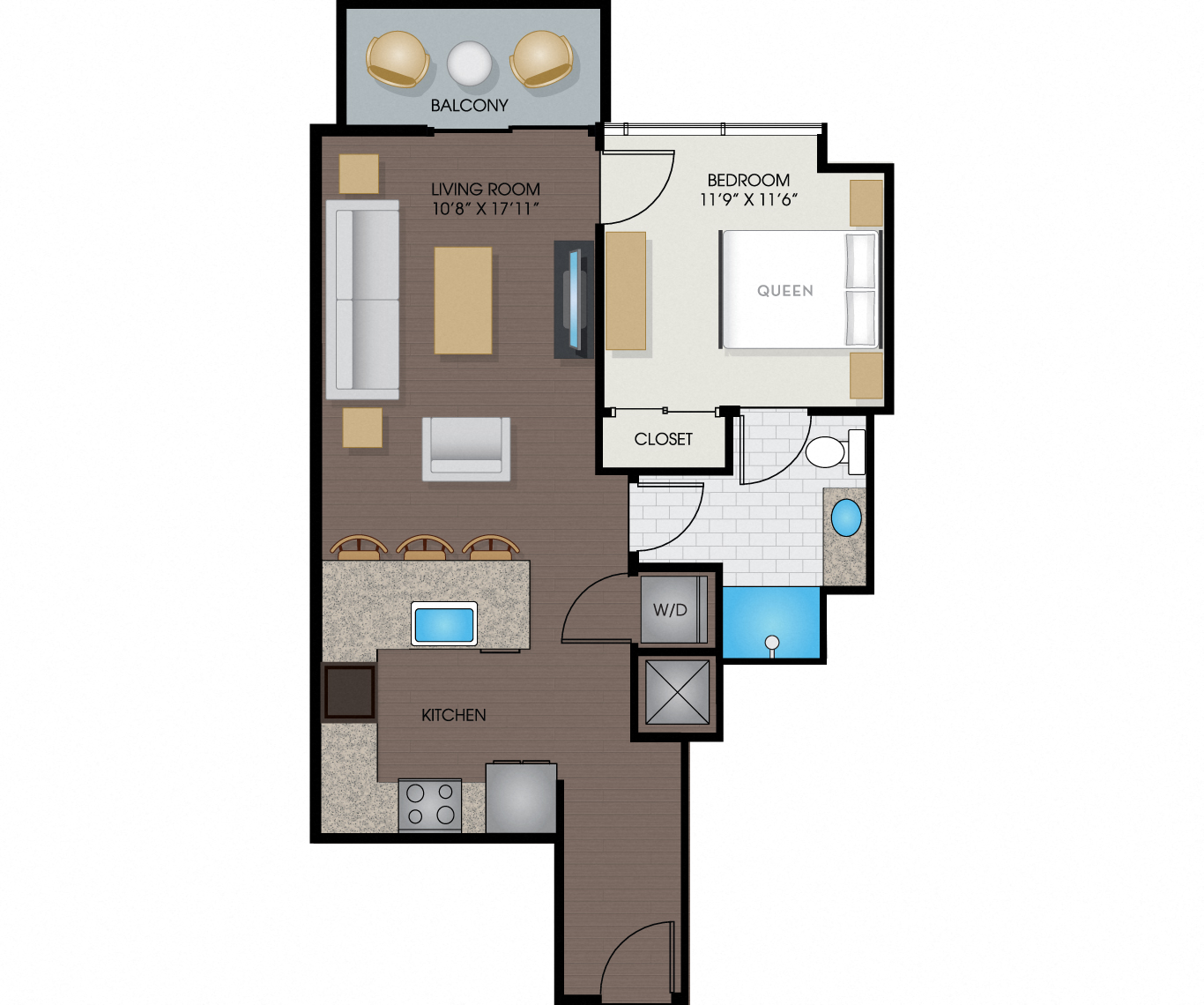 Floor plan for 1 bed, 1 bath, 695 sqft