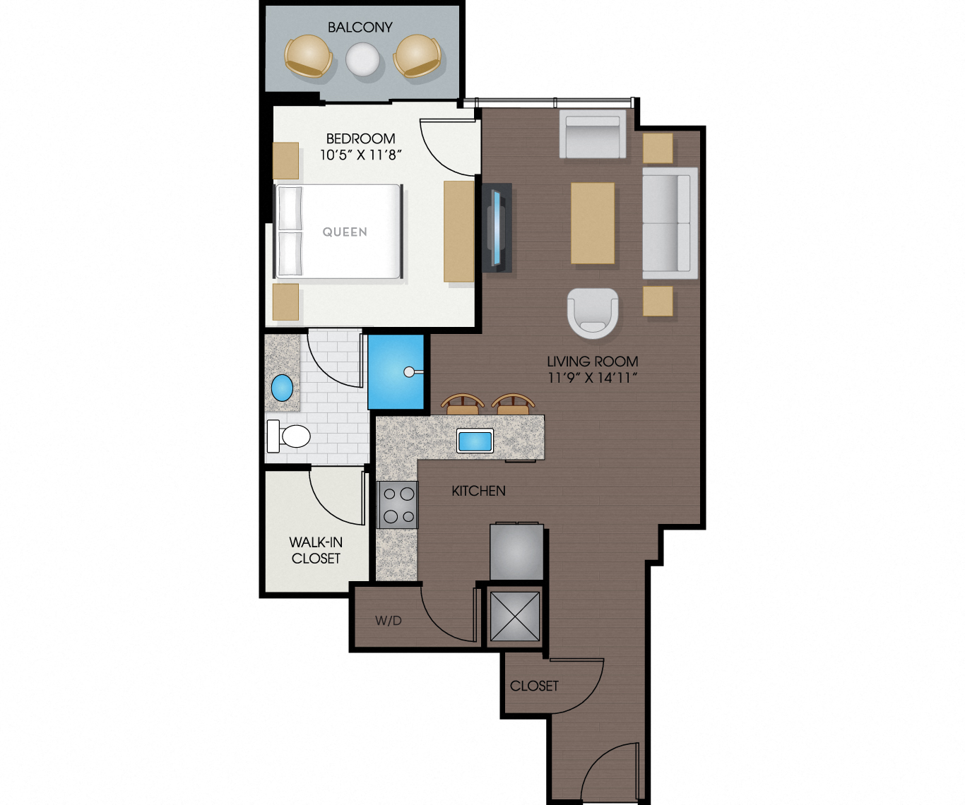Floor plan for 1 bed, 1 bath, 723 sqft
