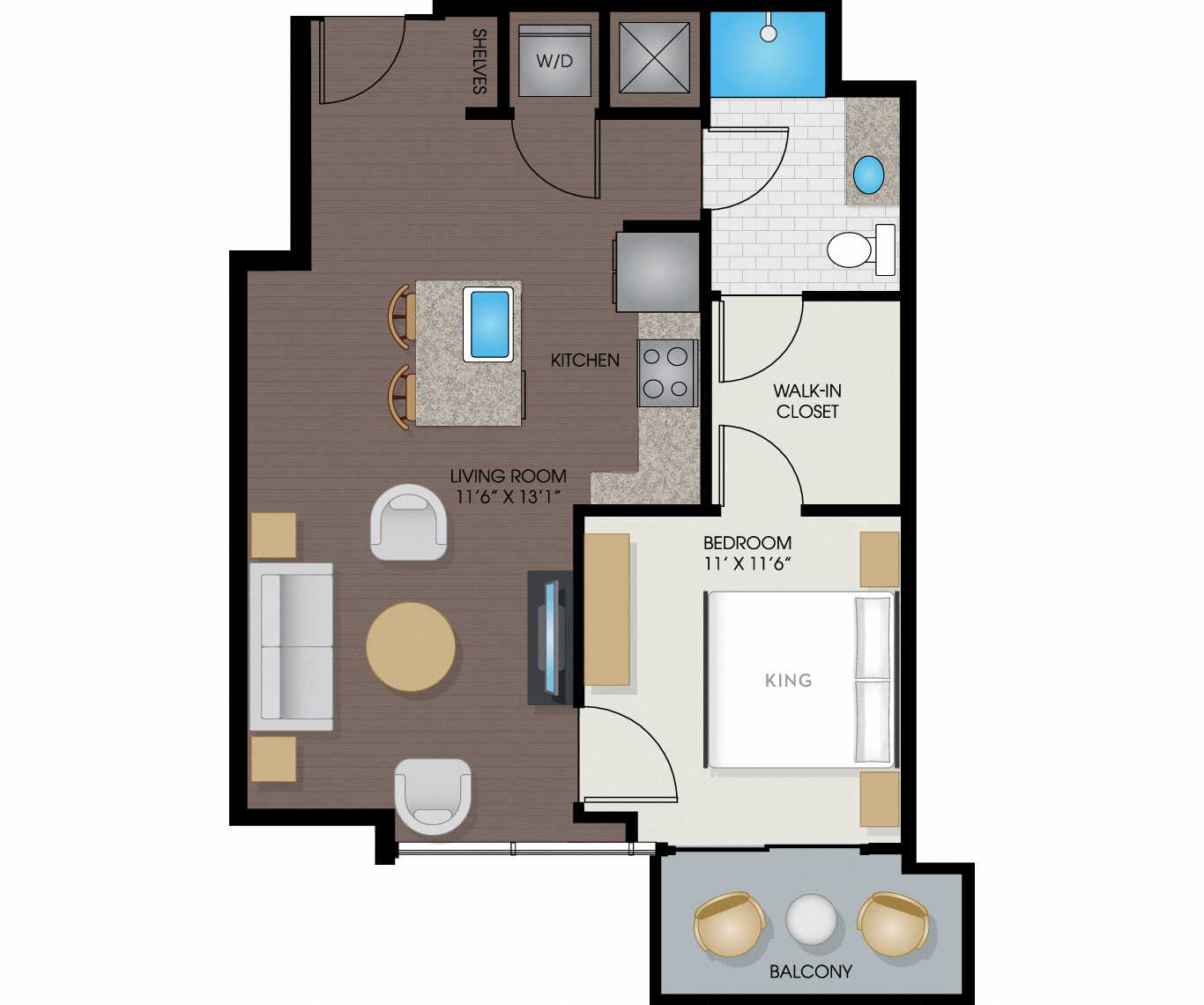 Floor plan for 1 bed, 1 bath, 724 sqft
