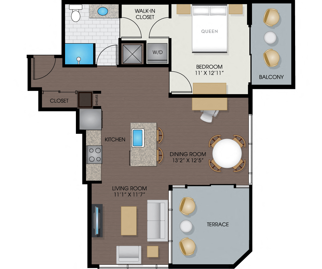Floor plan for 1 bed, 1 bath, 861 sqft